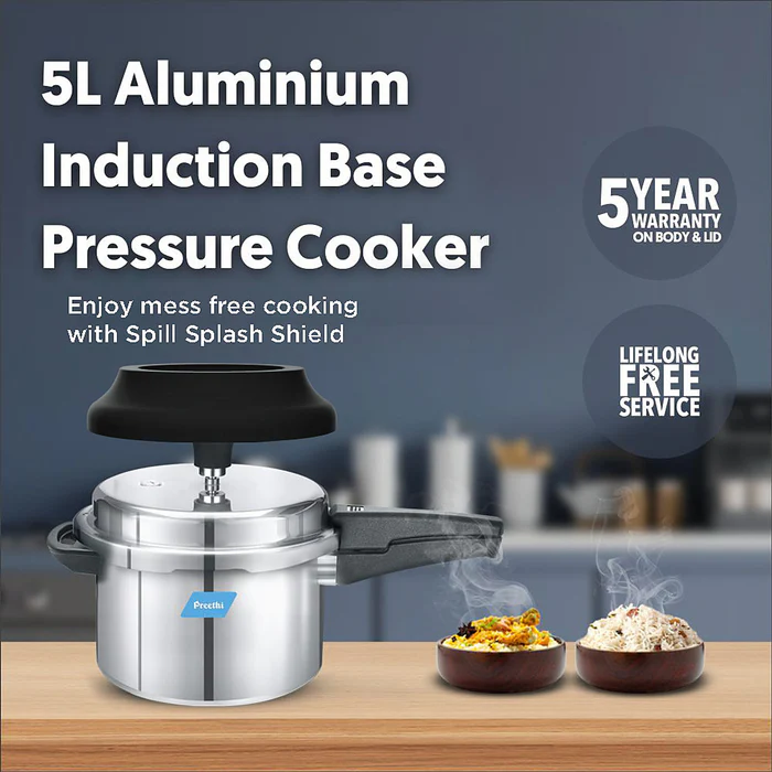 Preethi Induction Base Outer Lid Aluminium Pressure Cooker, 5 Litres